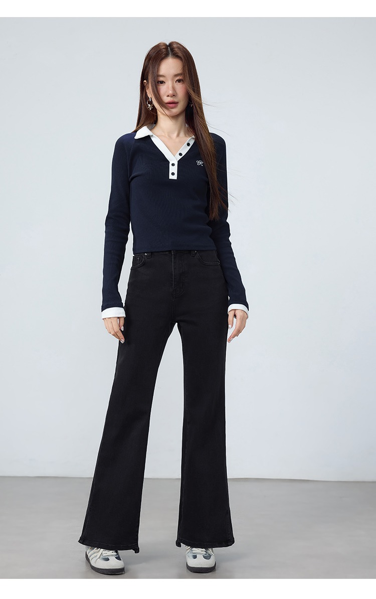 開叉黑色微喇褲牛仔褲顯瘦褲子,開叉黑色微喇褲牛仔褲顯瘦褲子,HBEW3993,開叉黑色微喇褲牛仔褲顯瘦褲子,修身顯瘦,基本百搭