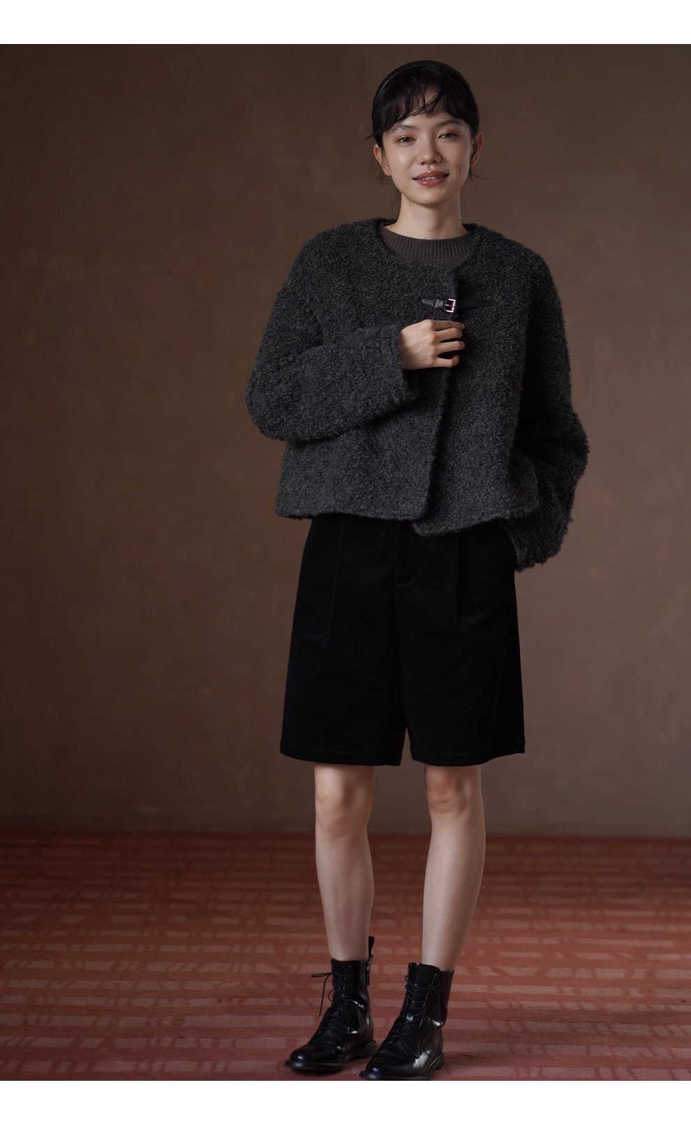 費城外套蓬鬆羊毛圈毛呢料輪廓皮袢圓領通勤顯瘦大衣