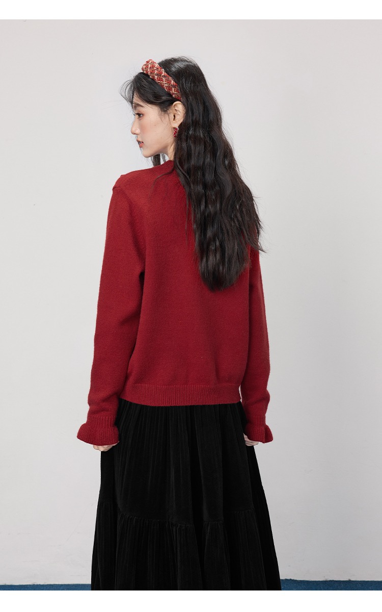 大尺碼胖mm秋冬毛衣開襟外套紅色蝴蝶結針織衫上衣