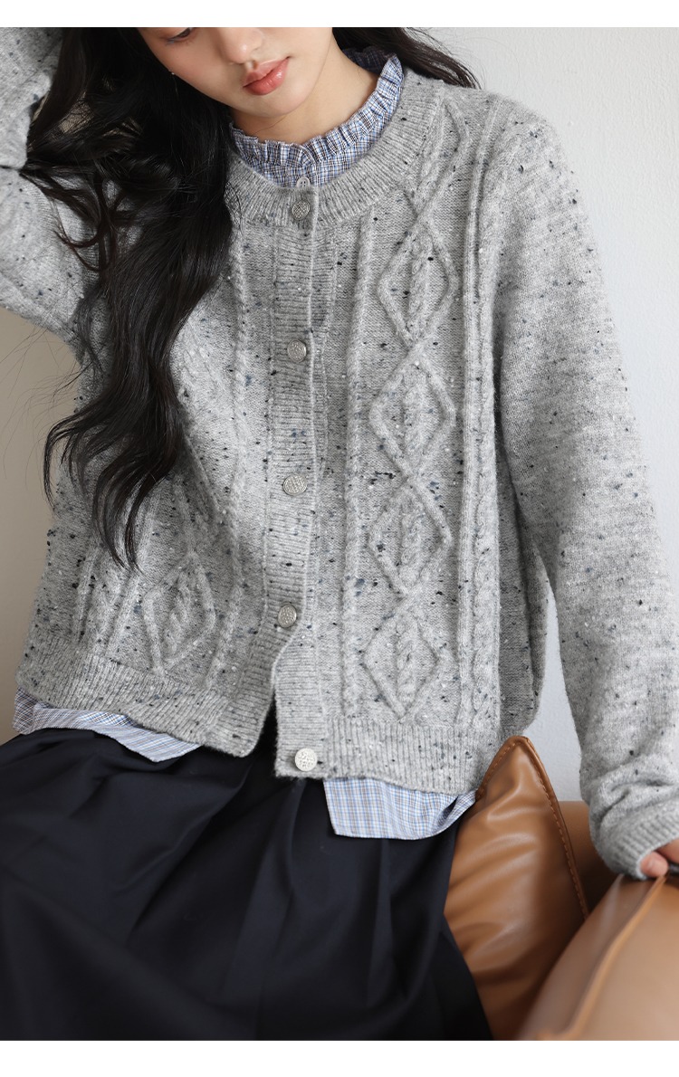 秋冬灰色毛衣開襟衫女拼接格子襯衫假兩件針織衫