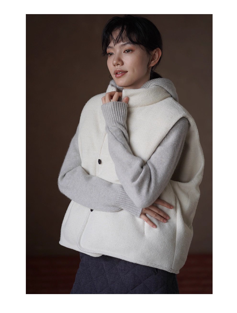 小奶糕自然肌理感綿羊毛混紡寬鬆疊穿簡約立領棉服馬甲