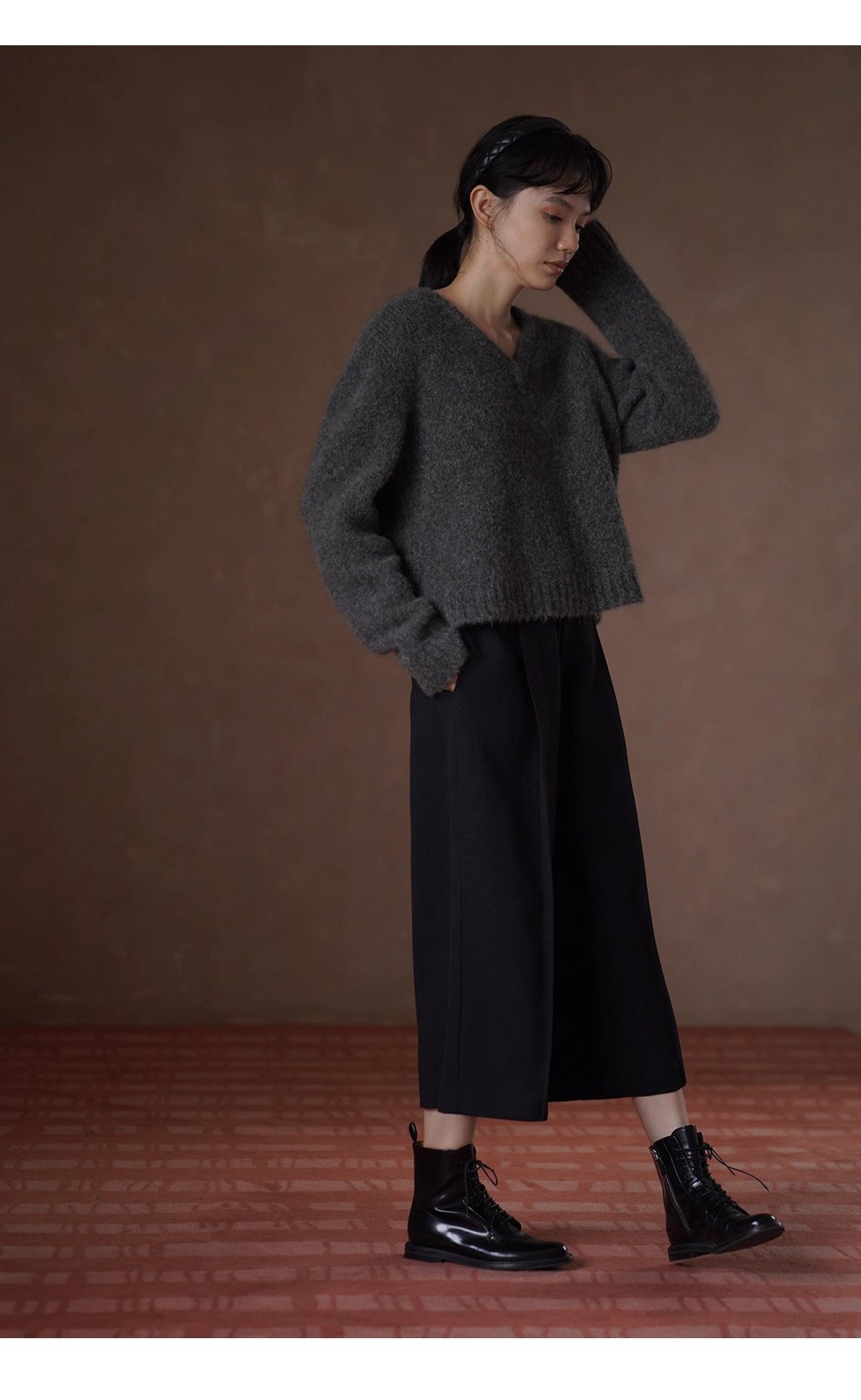 溫柔蓬鬆雜花灰毛衣馬海毛綿羊毛混紡寬鬆V領落肩上衣女