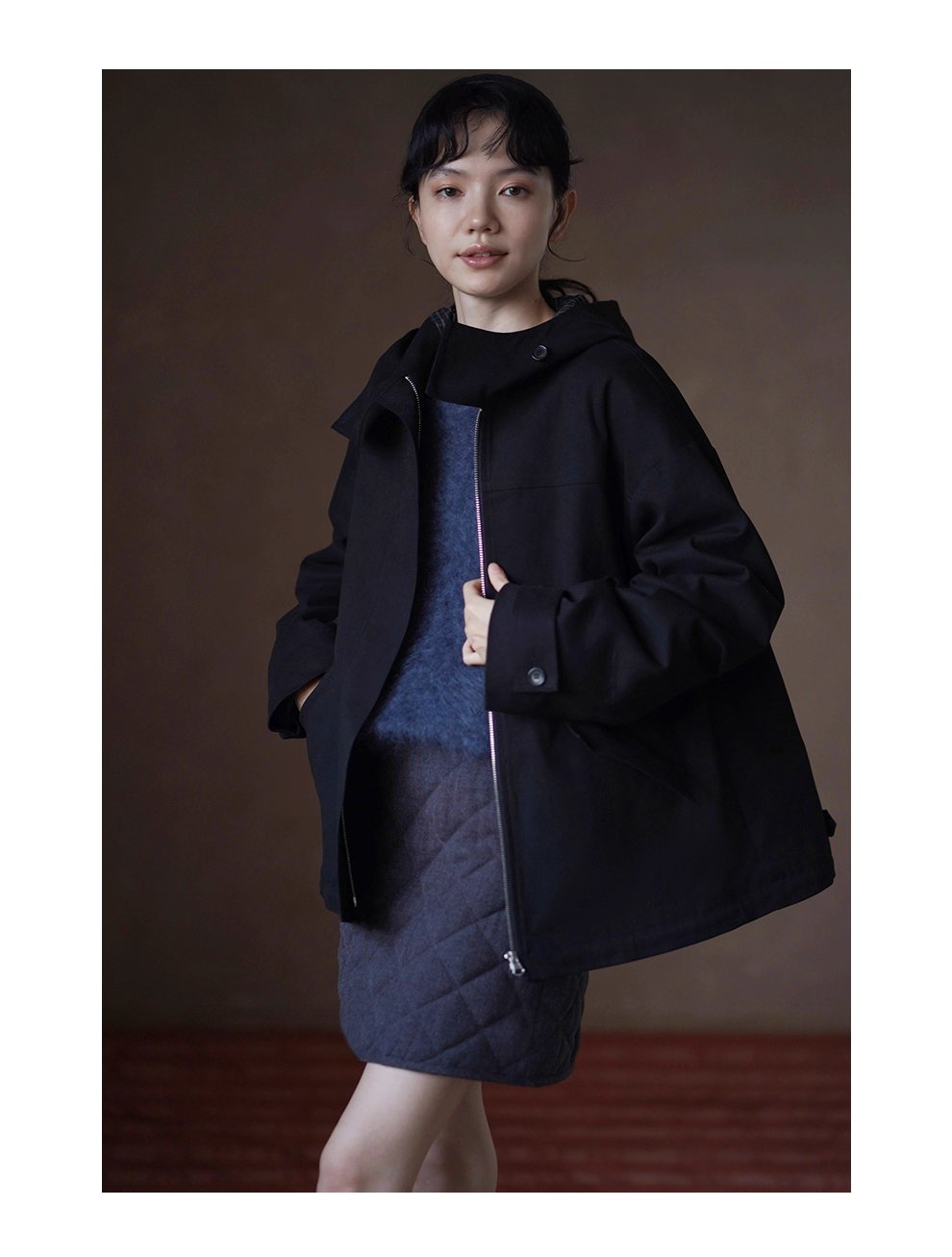 英倫學院撞色格紋連帽搖粒絨內裡加厚一手長夾克外套女