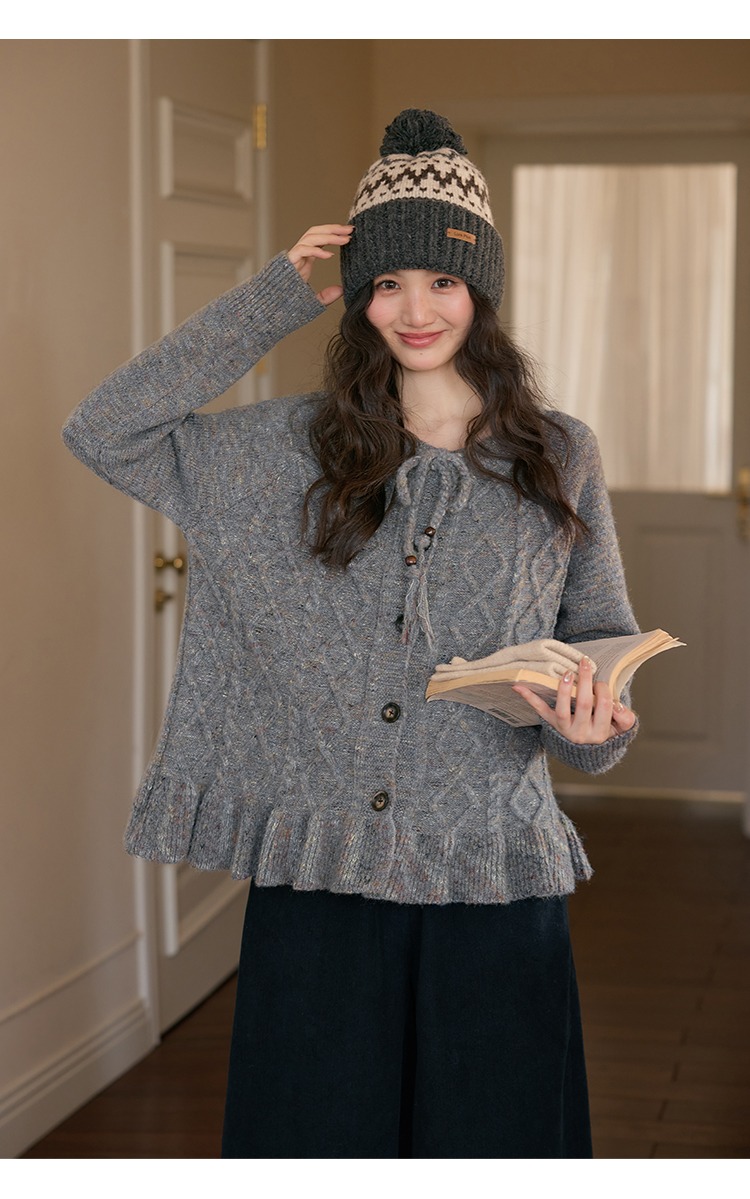 菱格毛衣開襟上衣外套冬季針織衫,菱格毛衣開襟上衣外套冬季針織衫,HBEW1952,菱格毛衣開襟上衣外套冬季針織衫,荷葉滾邊,菱格紋路