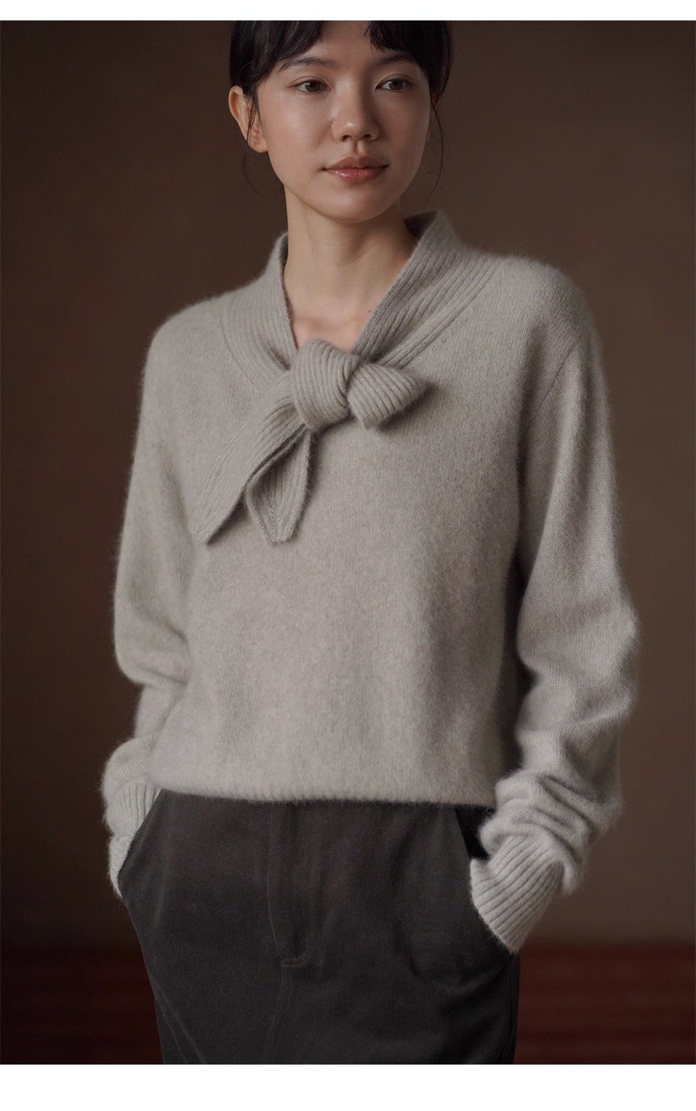 靜謐月光羊毛柔和混紡紗線領結設計感坑條顯瘦寬鬆毛衣