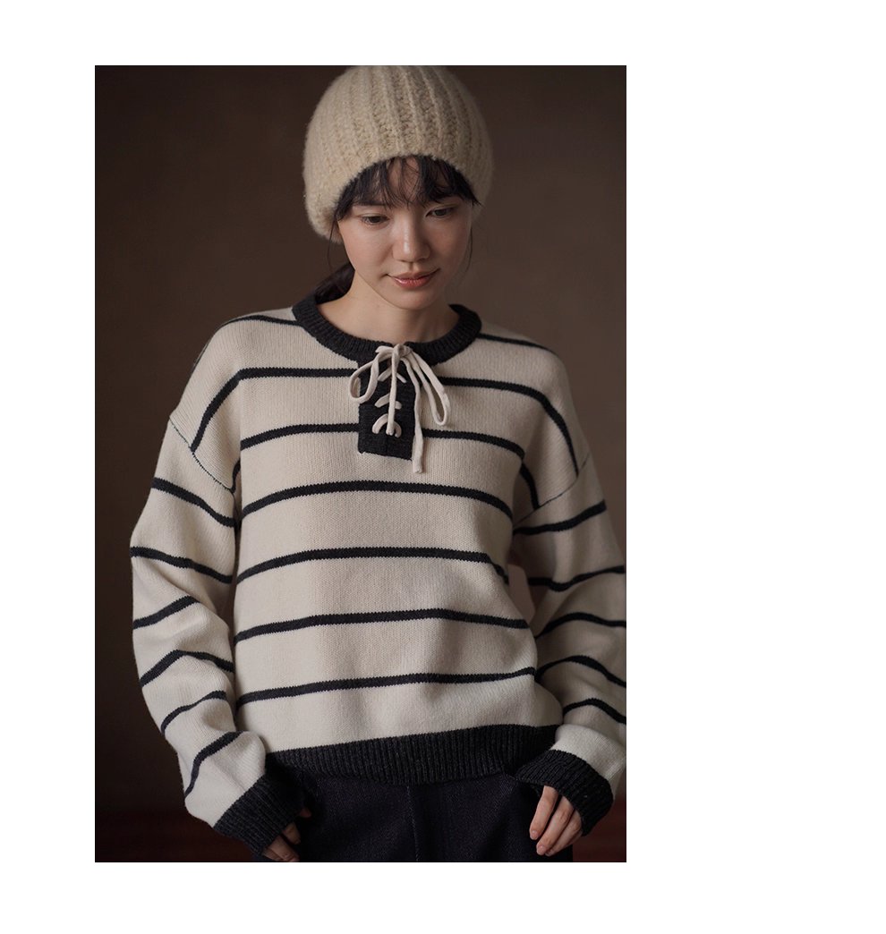 復古水手條紋上衣軟糯100羊毛綁帶門襟設計寬鬆顯瘦毛衣