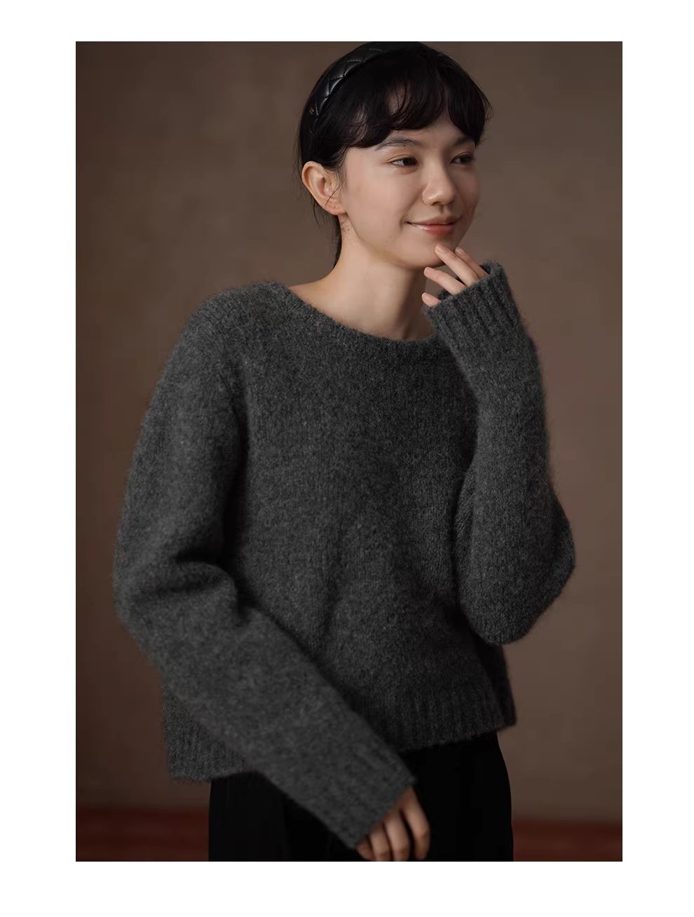 蓬鬆百分百水洗拉毛工藝羊毛馬海毛混紡圓領寬鬆毛衣女