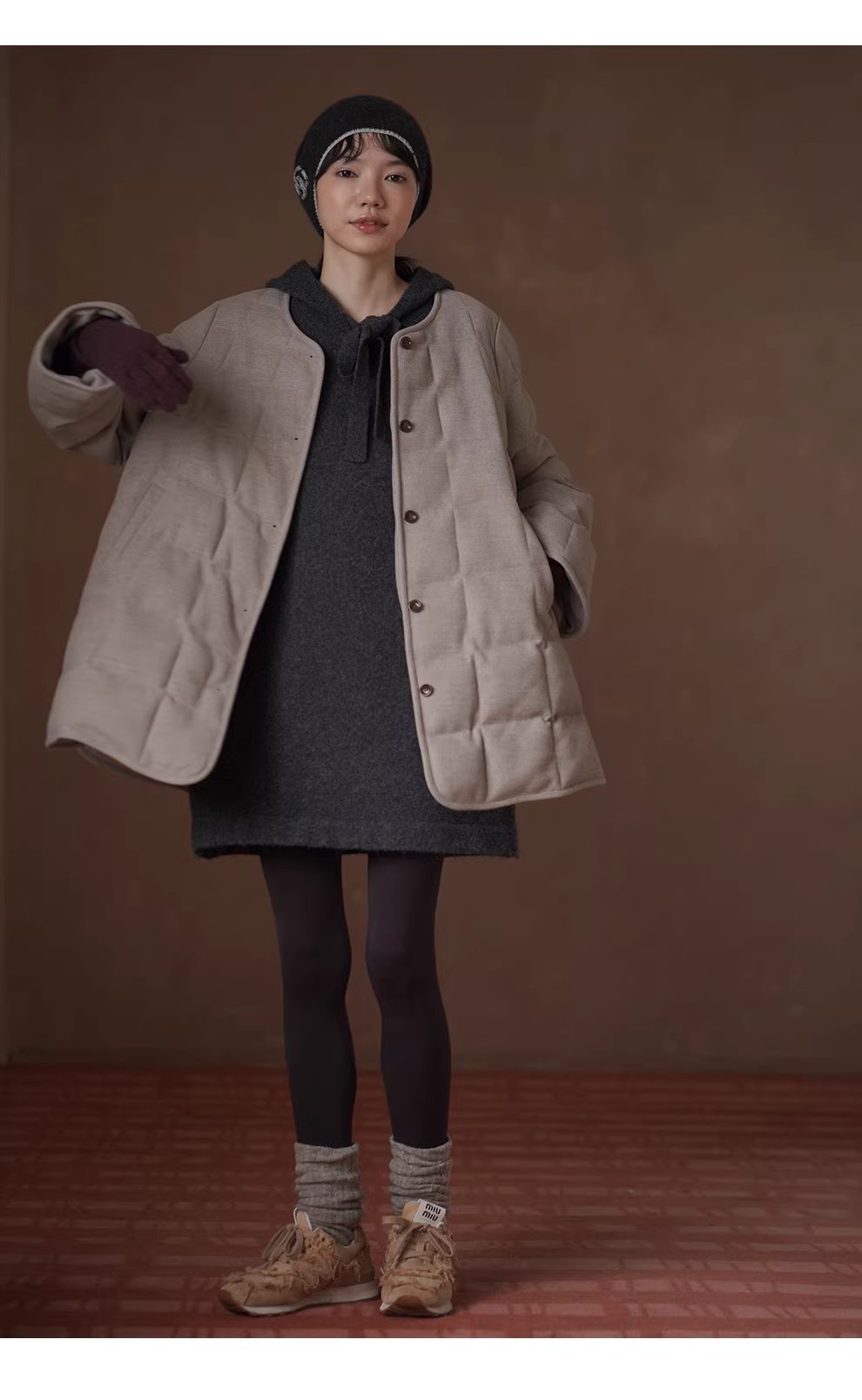 柔軟蓬鬆水洗拉毛工藝羊毛混紡連帽寬鬆顯瘦針織洋裝