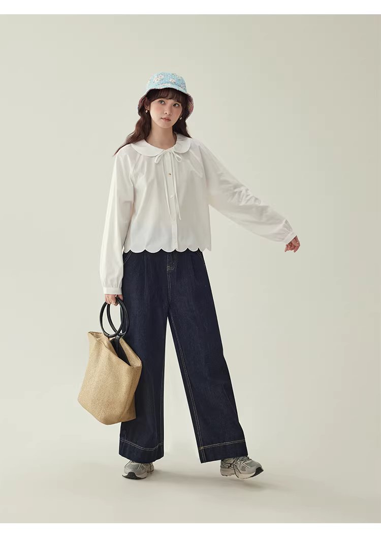 少女感蕾絲娃娃領襯衫女25冬季新款白色長袖上衣,HBEW1142,少女感蕾絲娃娃領襯衫女25冬季新款白色長袖上衣,娃娃領,花瓣衣襬,細節滿分