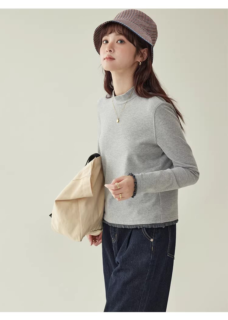 拼接螺紋邊半高領厚T恤女冬季新款灰色內搭上衣,拼接螺紋邊半高領厚T恤女冬季新款灰色內搭上衣,HBEW1143,拼接螺紋邊半高領厚T恤女冬季新款灰色內搭上衣,半高領,舒適面料