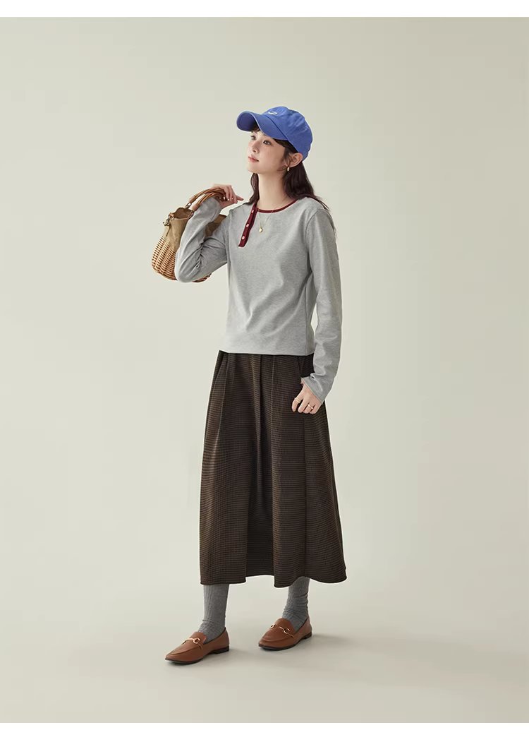 撞色斜領內搭長袖T恤女25冬季新款簡約寬鬆上衣,撞色斜領內搭長袖T恤女25冬季新款簡約寬鬆上衣,HBEW1145,撞色斜領內搭長袖T恤女25冬季新款簡約寬鬆上衣,側排扣,舒適面料