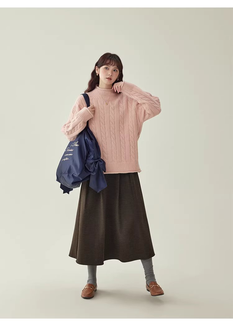 減齡粉紅高領麻花毛衣女25冬季新款捲邊長袖上衣,減齡粉紅高領麻花毛衣女25冬季新款捲邊長袖上衣,HBEW1146,減齡粉紅高領麻花毛衣女25冬季新款捲邊長袖上衣,高領毛衣,麻花針織