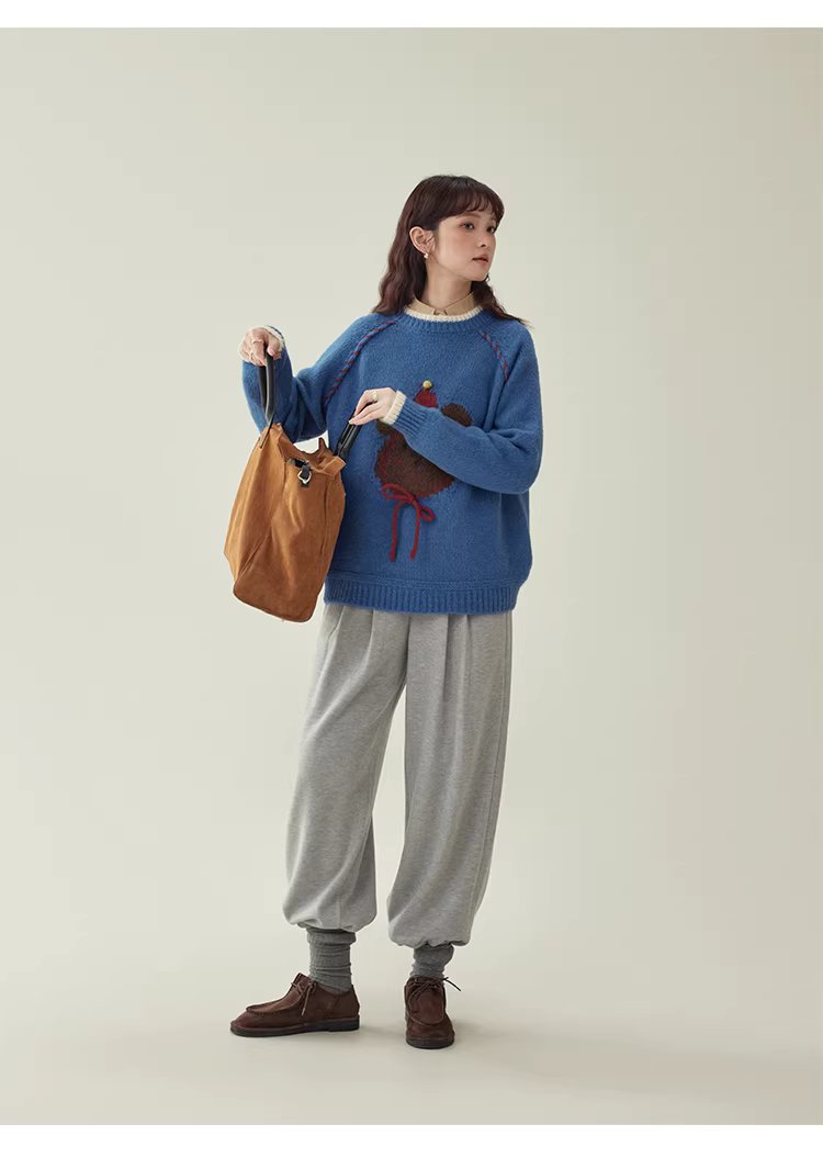 克萊因藍圓領羊毛長袖小熊毛衣女冬新款寬鬆減齡上衣,克萊因藍圓領羊毛長袖小熊毛衣女冬新款寬鬆減齡上衣,HBEW1148,克萊因藍圓領羊毛長袖小熊毛衣女冬新款寬鬆減齡上衣,童趣針織,羊毛混紡