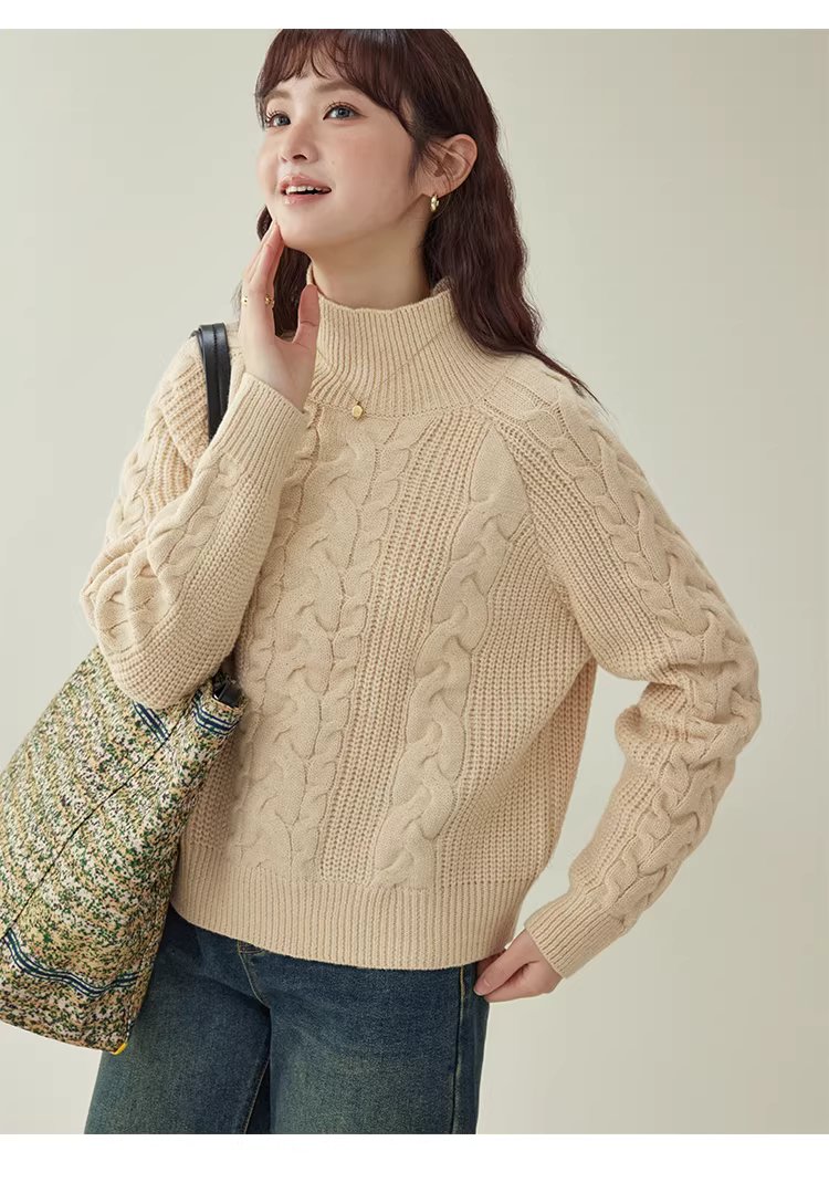 韓系杏色麻花高領毛衣女25冬季新款寬鬆長袖上衣,韓系杏色麻花高領毛衣女25冬季新款寬鬆長袖上衣,HBEW1156,韓系杏色麻花高領毛衣女25冬季新款寬鬆長袖上衣,高領毛衣,麻花針織