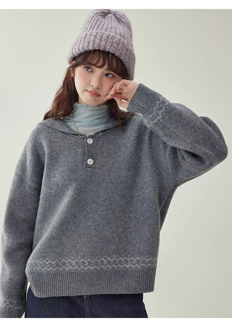 灰色提花海軍領毛衣女冬新款費爾島寬鬆長袖上衣,灰色提花海軍領毛衣女冬新款費爾島寬鬆長袖上衣,HBEW1191,灰色提花海軍領毛衣女冬新款費爾島寬鬆長袖上衣,海軍領,費爾島圖騰