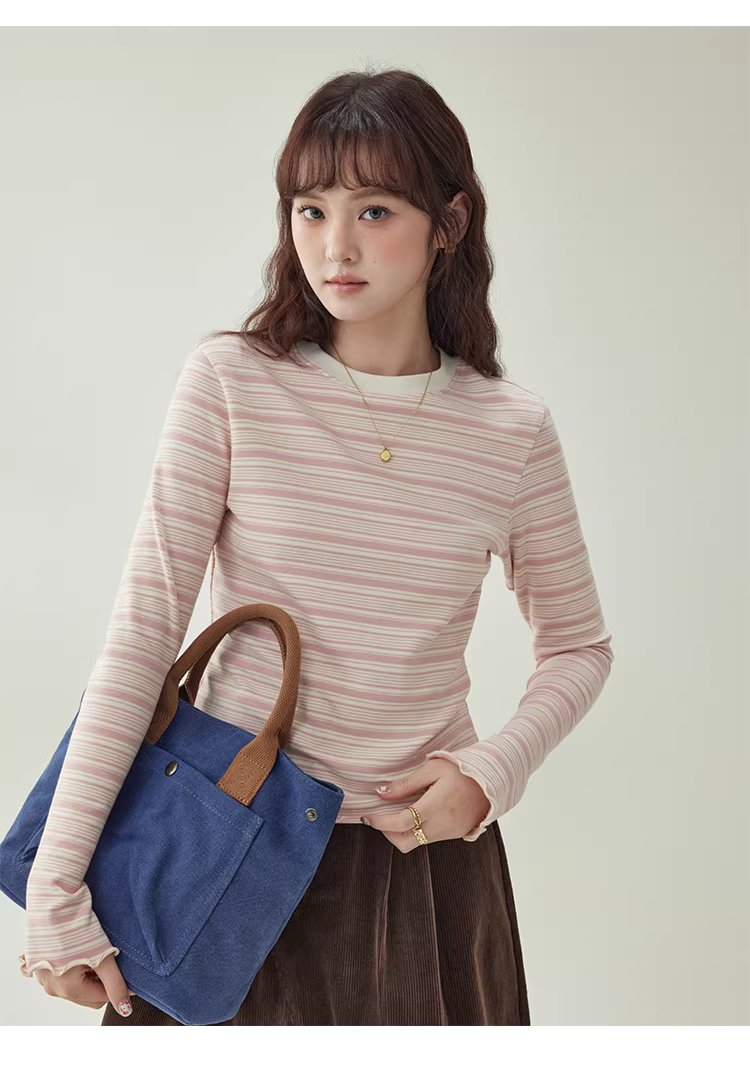 粉紅條紋花邊喇叭袖T恤女冬季新款修身內搭上衣,粉紅條紋花邊喇叭袖T恤女冬季新款修身內搭上衣,HBEW1195,粉紅條紋花邊喇叭袖T恤女冬季新款修身內搭上衣,橫紋設計,修身版型