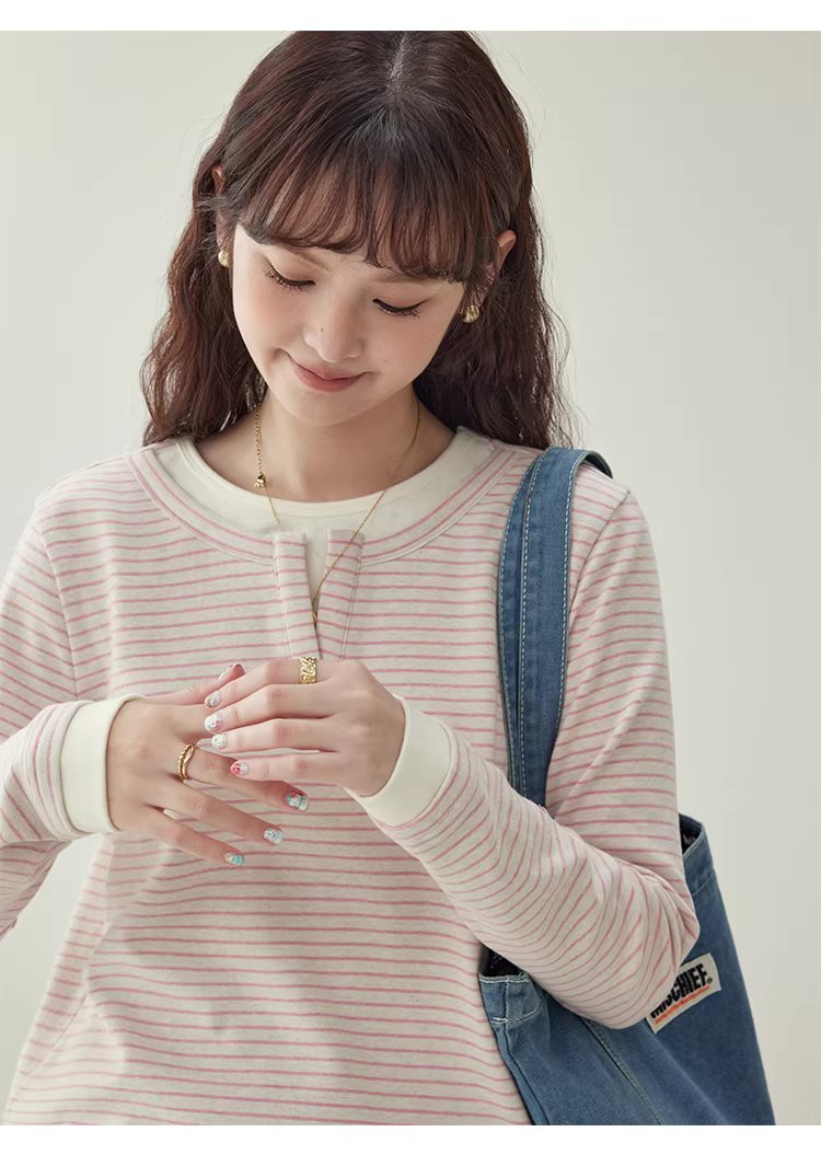 假兩件粉條紋長袖T恤女冬季新款少女感寬鬆上衣,假兩件粉條紋長袖T恤女冬季新款少女感寬鬆上衣,HBEW1197,假兩件粉條紋長袖T恤女冬季新款少女感寬鬆上衣,假兩件式,舒適面料