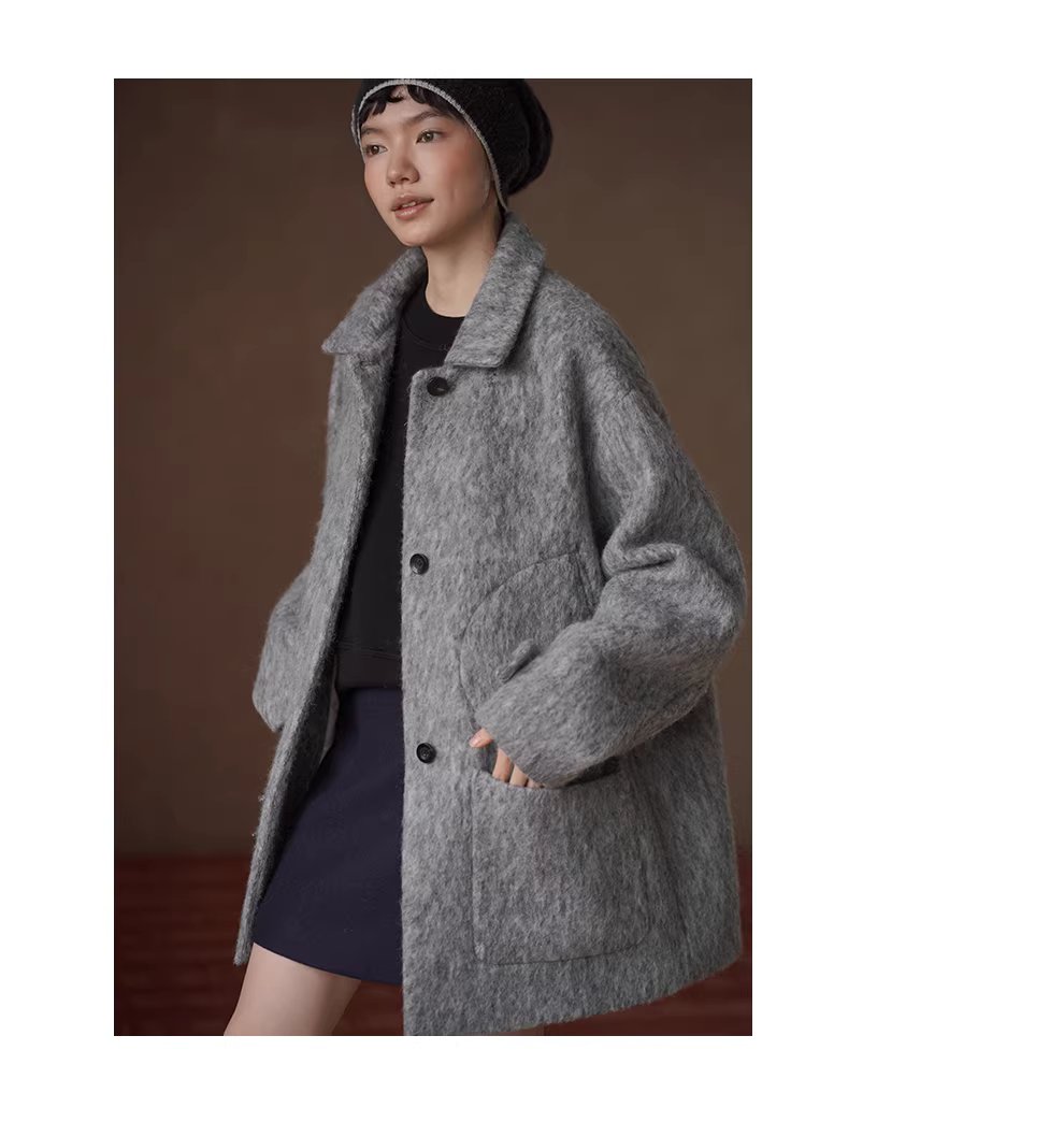 霧嵐星海羊毛混紡雜花灰翻領大衣中長款寬鬆絎棉外套女,霧嵐星海羊毛混紡雜花灰翻領大衣中長款寬鬆絎棉外套女,HBEW5131,霧嵐星海羊毛混紡雜花灰翻領大衣中長款寬鬆絎棉外套女,翻領排扣,羊毛混紡