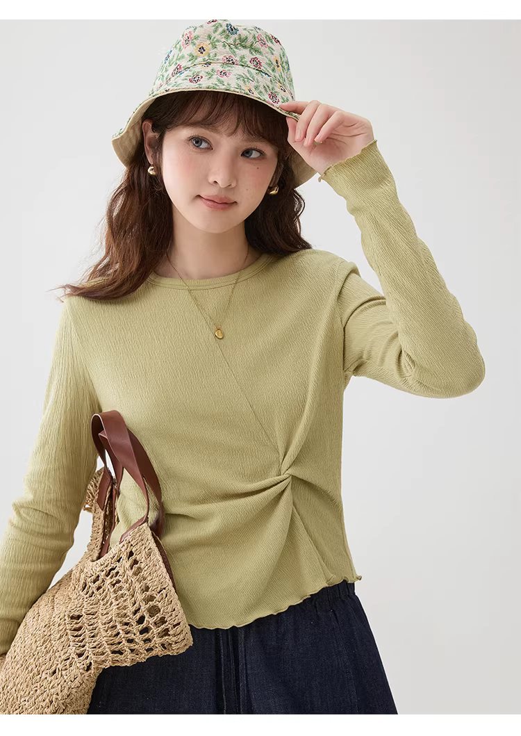 肌理感純色扭結修身T恤女春季新款蕾絲長袖上衣,肌理感純色扭結修身T恤女春季新款蕾絲長袖上衣,HBFS1002,肌理感純色扭結修身T恤女春季新款蕾絲長袖上衣,扭結設計,舒適面料