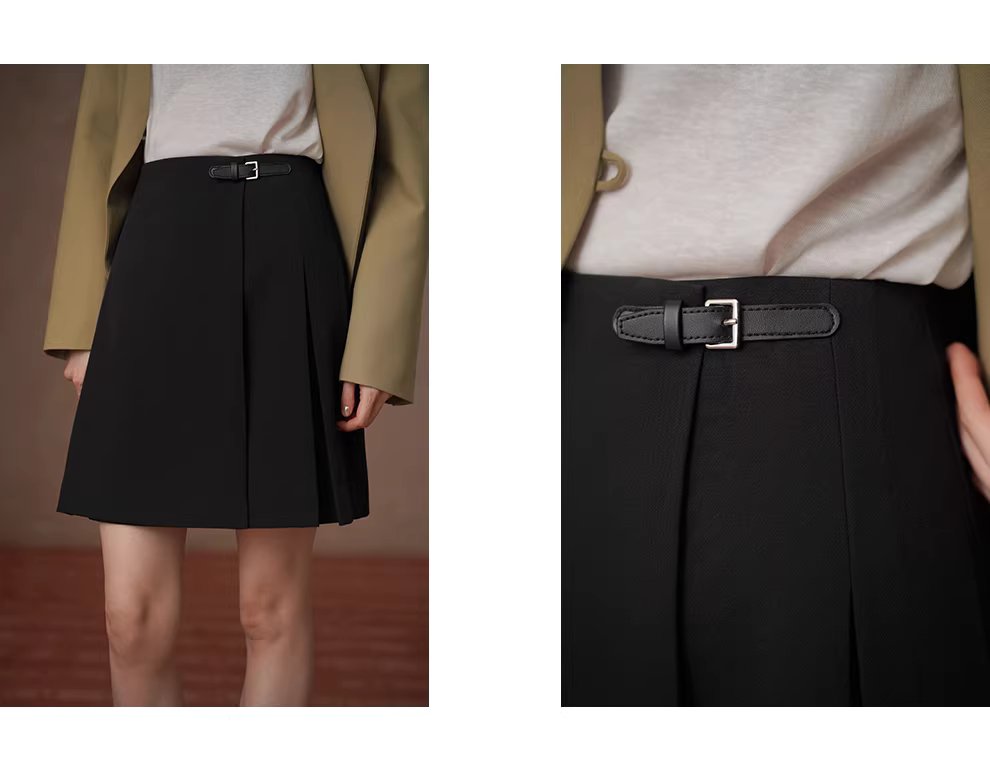 不對稱工字褶設計A字微傘版型皮袢高腰顯瘦學院半身裙女,不對稱工字褶設計A字微傘版型皮袢高腰顯瘦學院半身裙女,HBFS2003,不對稱工字褶設計A字微傘版型皮袢高腰顯瘦學院半身裙女,工字褶設計,皮扣造型
