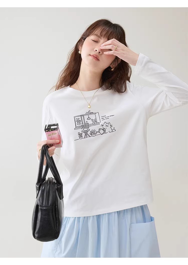 漫畫感線條圖案繡花T恤女春季新款純棉圓領上衣,漫畫感線條圖案繡花T恤女春季新款純棉圓領上衣,HBFS1030,漫畫感線條圖案繡花T恤女春季新款純棉圓領上衣,童趣印花,全棉面料