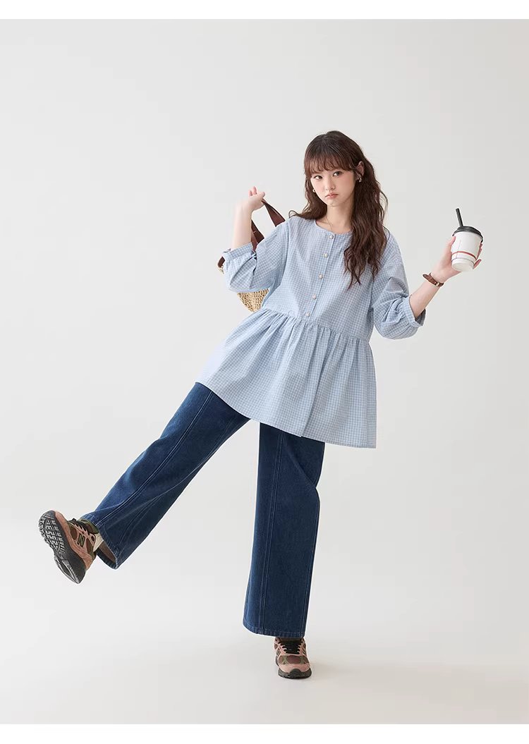 減齡八分袖純棉藍格襯衫女春新款寬鬆娃娃衫上衣,減齡八分袖純棉藍格襯衫女春新款寬鬆娃娃衫上衣,HBFS1039,減齡八分袖純棉藍格襯衫女春新款寬鬆娃娃衫上衣,清新格紋,全棉面料