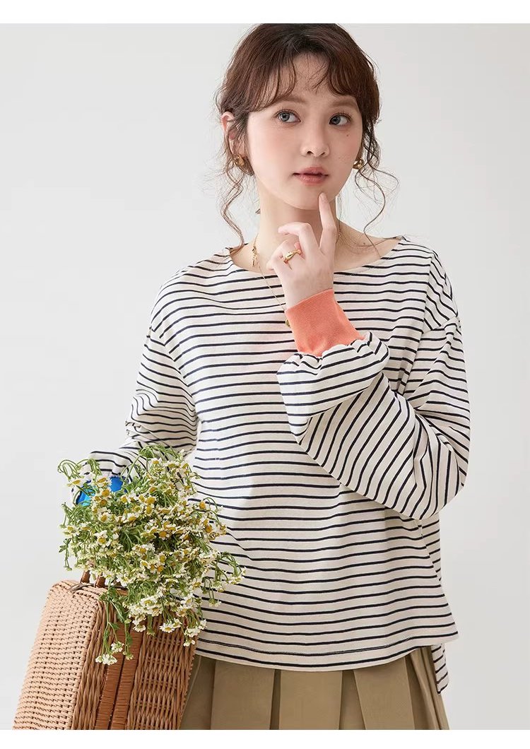 撞色條紋燈籠袖純棉T恤女春季新款寬鬆百搭上衣,撞色條紋燈籠袖純棉T恤女春季新款寬鬆百搭上衣,HBFS1042,撞色條紋燈籠袖純棉T恤女春季新款寬鬆百搭上衣,撞色拼接,全棉面料
