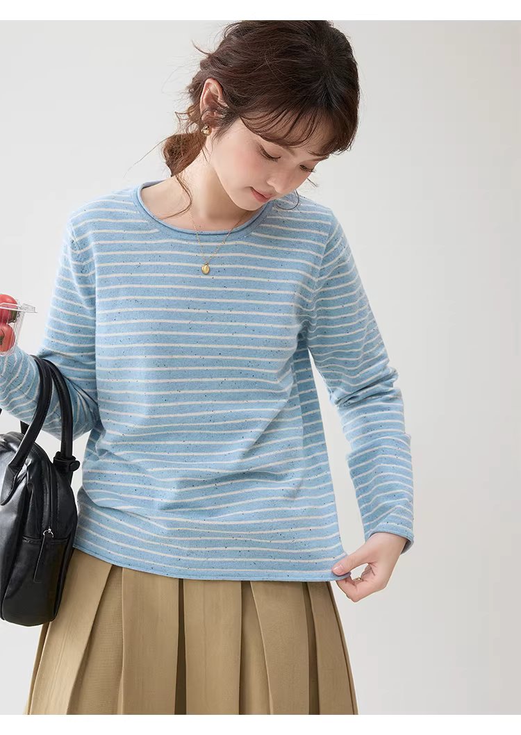 撞色條紋花點捲邊針織衫女春季新款寬鬆長袖上衣,撞色條紋花點捲邊針織衫女春季新款寬鬆長袖上衣,HBFS1043,撞色條紋花點捲邊針織衫女春季新款寬鬆長袖上衣,捲邊衣襬,花點面料