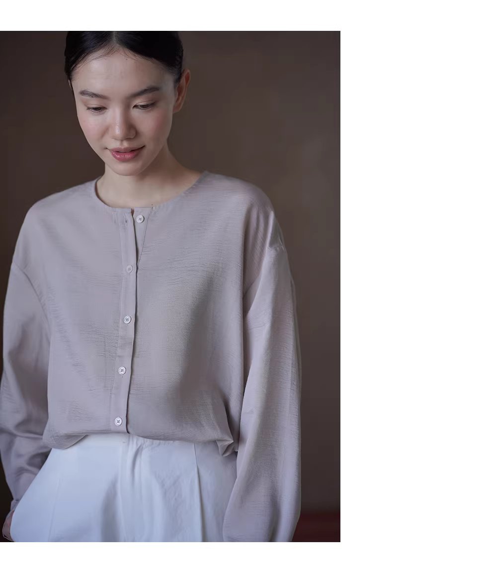 白櫻裊裊微亮光澤肌理感寬鬆顯瘦圓領通勤簡約長袖襯衫,白櫻裊裊微亮光澤肌理感寬鬆顯瘦圓領通勤簡約長袖襯衫,HBFS1058,白櫻裊裊微亮光澤肌理感寬鬆顯瘦圓領通勤簡約長袖襯衫,圓領排扣,親膚柔軟