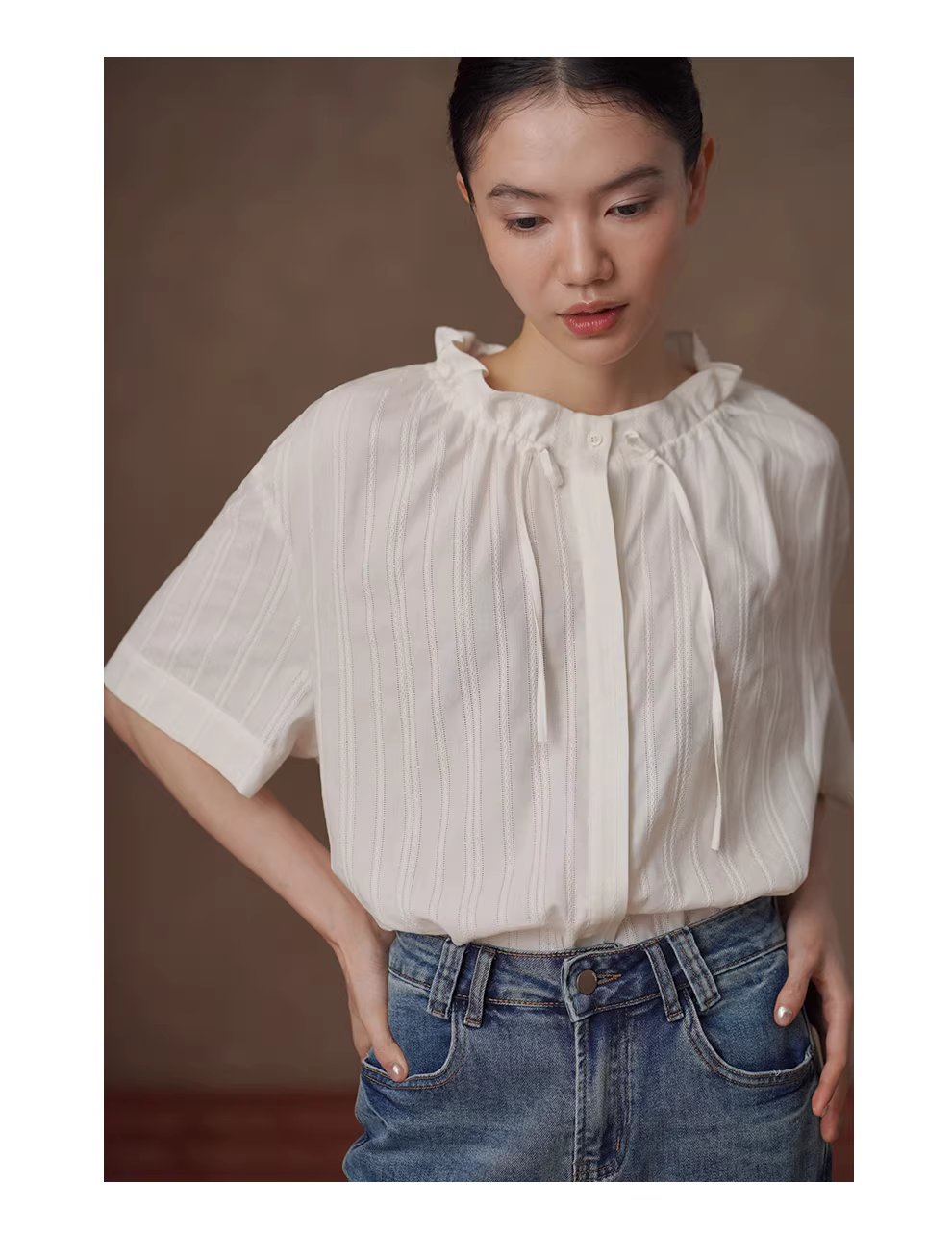 法式花邊立領亞麻棉混紡立體繡花豎條紋寬鬆短袖襯衫女,法式花邊立領亞麻棉混紡立體繡花豎條紋寬鬆短袖襯衫女,HBFS1066,法式花邊立領亞麻棉混紡立體繡花豎條紋寬鬆短袖襯衫女,立體花紋,法式剪裁