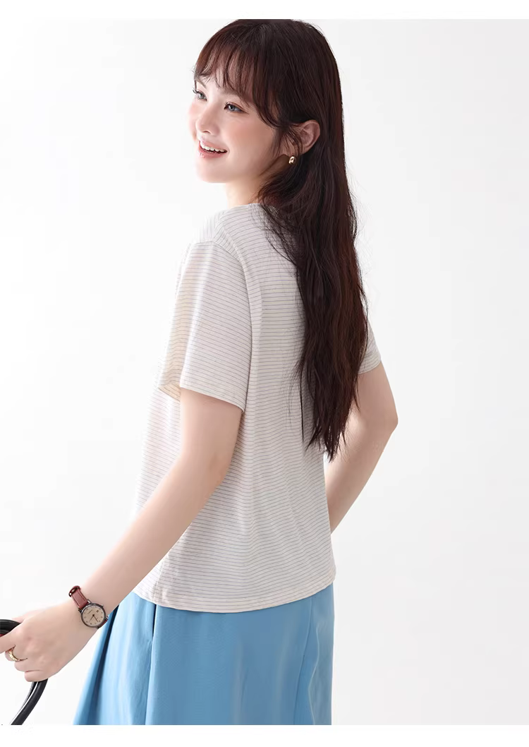 扭結圓領棉麻感條紋T恤女夏季新款寬鬆短袖上衣,扭結圓領棉麻感條紋T恤女夏季新款寬鬆短袖上衣,HBFS1089,扭結圓領棉麻感條紋T恤女夏季新款寬鬆短袖上衣,條紋造型,棉麻材質