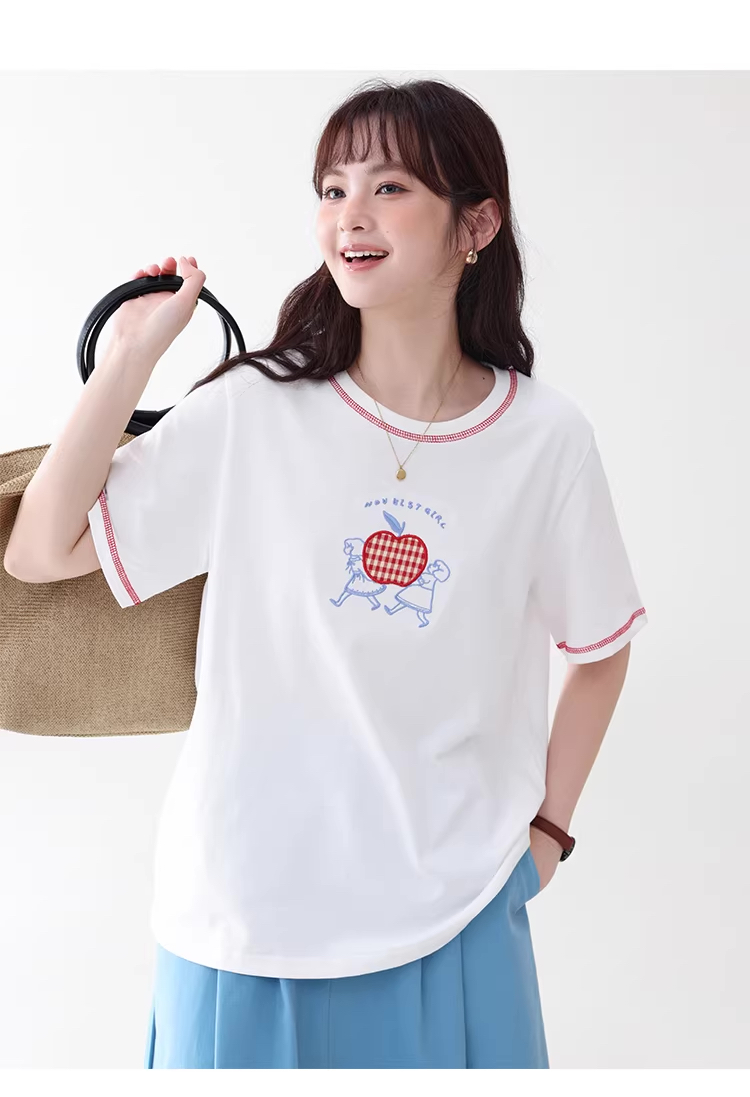 卡通刺繡反線純棉短袖T恤女夏新款少女感寬鬆上衣,卡通刺繡反線純棉短袖T恤女夏新款少女感寬鬆上衣,HBFS1091,卡通刺繡反線純棉短袖T恤女夏新款少女感寬鬆上衣,童趣刺繡,全棉面料