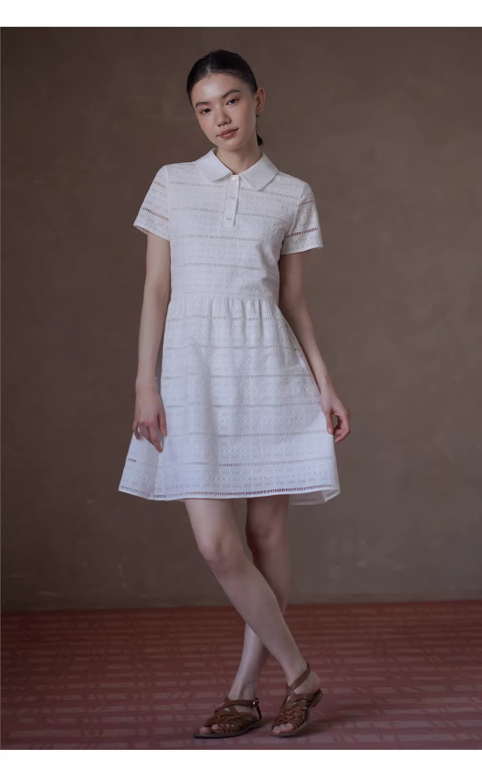 午後遊園洋裝立體鏤空提花刺繡高腰短版Polo領裙子女,午後遊園洋裝立體鏤空提花刺繡高腰短版Polo領裙子女,HBFS7036,午後遊園洋裝立體鏤空提花刺繡高腰短版Polo領裙子女,純棉親膚,鏤空緹花