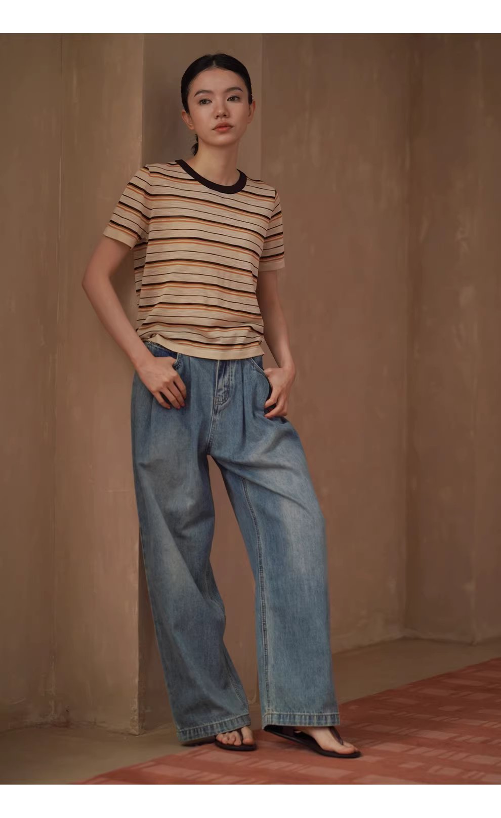 沙灘條紋超爽竹節麻紗線撞色圓領短袖寬鬆顯瘦針織上衣,沙灘條紋超爽竹節麻紗線撞色圓領短袖寬鬆顯瘦針織上衣,HBFS1095,沙灘條紋超爽竹節麻紗線撞色圓領短袖寬鬆顯瘦針織上衣,舒適清爽,撞色領口