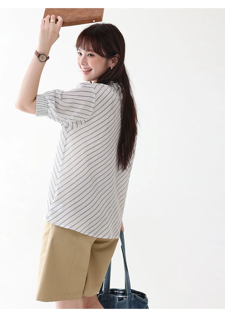 藍條紋v領木耳邊襯衫女夏季新款純棉五分袖上衣,藍條紋v領木耳邊襯衫女夏季新款純棉五分袖上衣,HBFS1098,藍條紋v領木耳邊襯衫女夏季新款純棉五分袖上衣,荷葉邊領,全棉面料