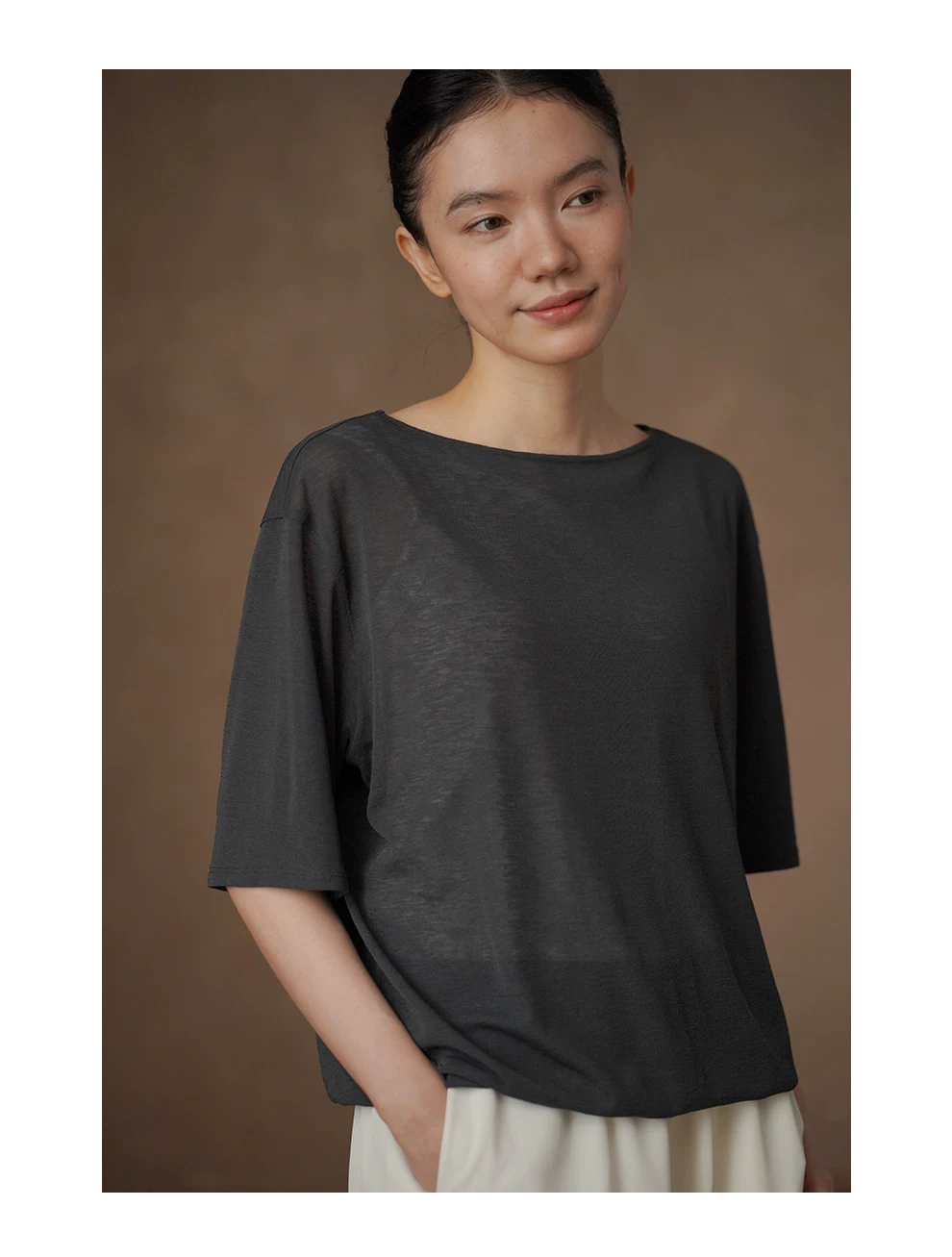 垂爽薄款竹節絲布料寬鬆簡約一字領顯瘦五分袖通勤T恤女,垂爽薄款竹節絲布料寬鬆簡約一字領顯瘦五分袖通勤T恤女,HBFS1217,垂爽薄款竹節絲布料寬鬆簡約一字領顯瘦五分袖通勤T恤女,輕薄涼爽,寬鬆落肩