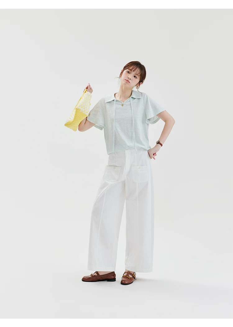 純色繫帶翻v領喇叭袖T恤女夏季新款時尚寬鬆上衣,純色繫帶翻v領喇叭袖T恤女夏季新款時尚寬鬆上衣,HBFS1278,純色繫帶翻v領喇叭袖T恤女夏季新款時尚寬鬆上衣,繫繩設計,半開翻領