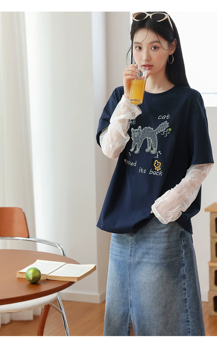 大尺碼蕾絲拼接長袖T恤早秋女裝2026新款寬鬆貓咪刺繡上衣女,大尺碼蕾絲拼接長袖T恤早秋女裝2026新款寬鬆貓咪刺繡上衣女,HBFS1301,大尺碼蕾絲拼接長袖T恤早秋女裝2026新款寬鬆貓咪刺繡上衣女,中大尺碼,蕾絲拼接
