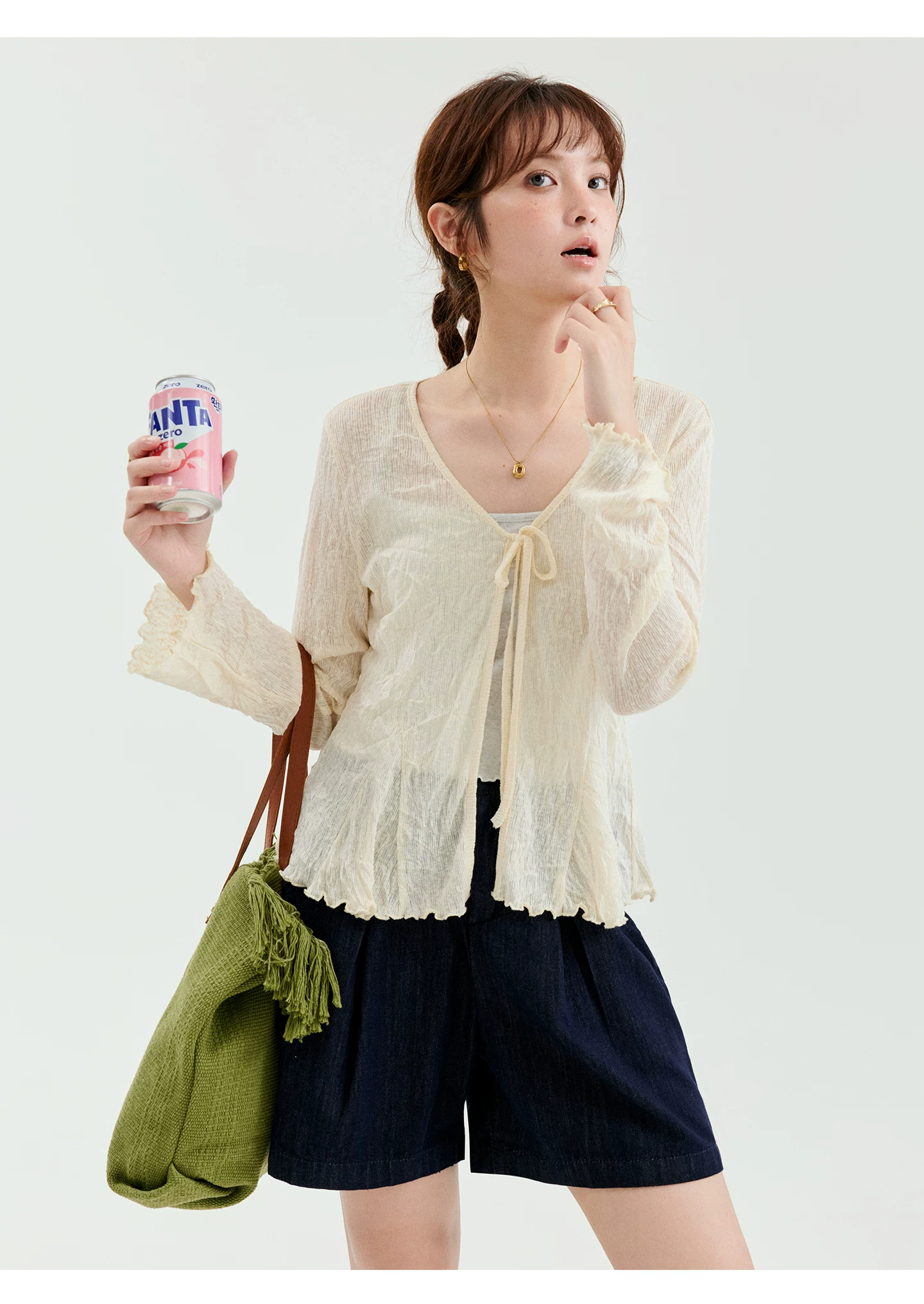 肌理感蕾絲長袖繫帶開襟衫女夏新款插肩袖上衣,肌理感蕾絲長袖繫帶開襟衫女夏新款插肩袖上衣,HBFS1330,肌理感蕾絲長袖繫帶開襟衫女夏新款插肩袖上衣,木耳邊,綁帶V領