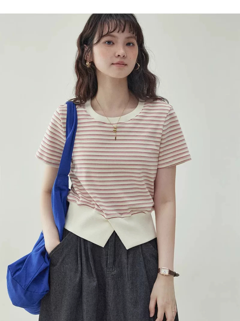 甜美條紋收腰短T恤女夏季新款開叉短袖上衣,甜美條紋收腰短T恤女夏季新款開叉短袖上衣,HBFS1359,甜美條紋收腰短T恤女夏季新款開叉短袖上衣,開衩造型,短款版型