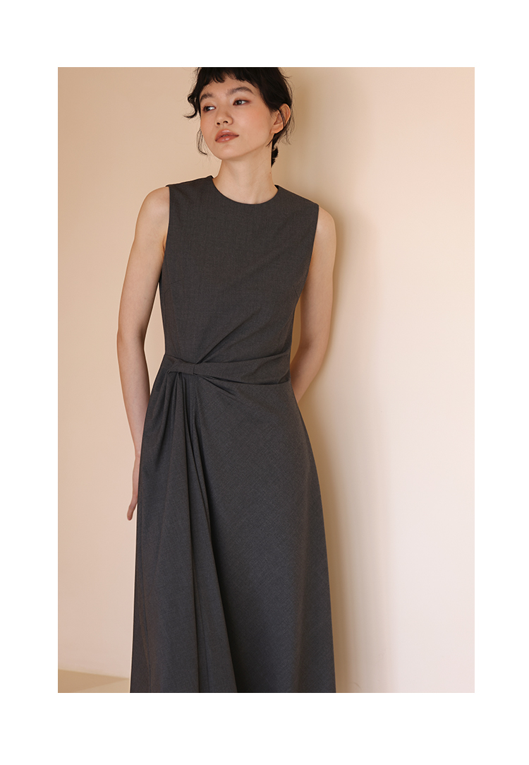 氣質女主高腰線扭結通勤瘦身遮肉連身裙洋裝,長洋裝,洋裝,無袖,輕甜,高雅