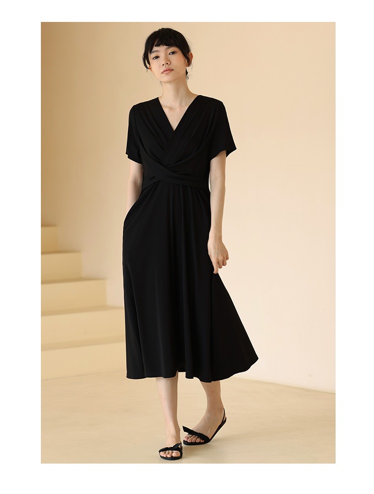 巴黎神女纏繞式彈力收腰好比例顯瘦V領連身裙洋裝,性感,時尚,清新,浪漫,洋裝