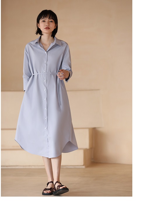 清新藍顯白通勤寬鬆遮肉腰帶襯衫式連身裙洋裝