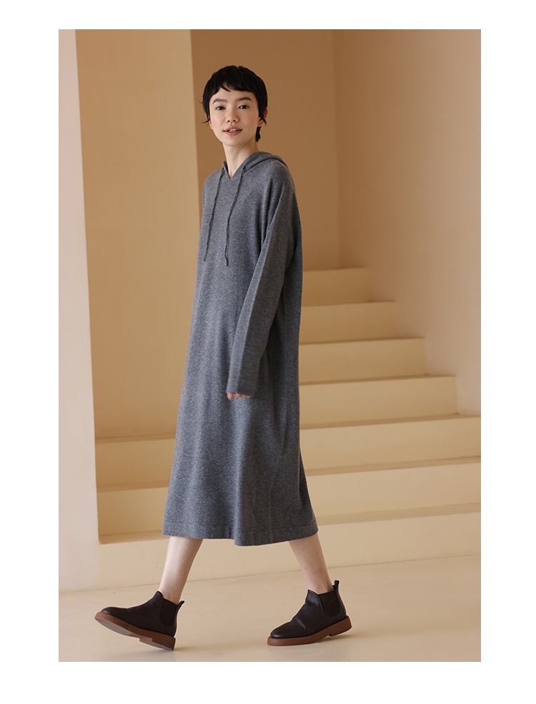 進口超細100%美利奴羊毛連帽寬鬆針織連身裙洋裝