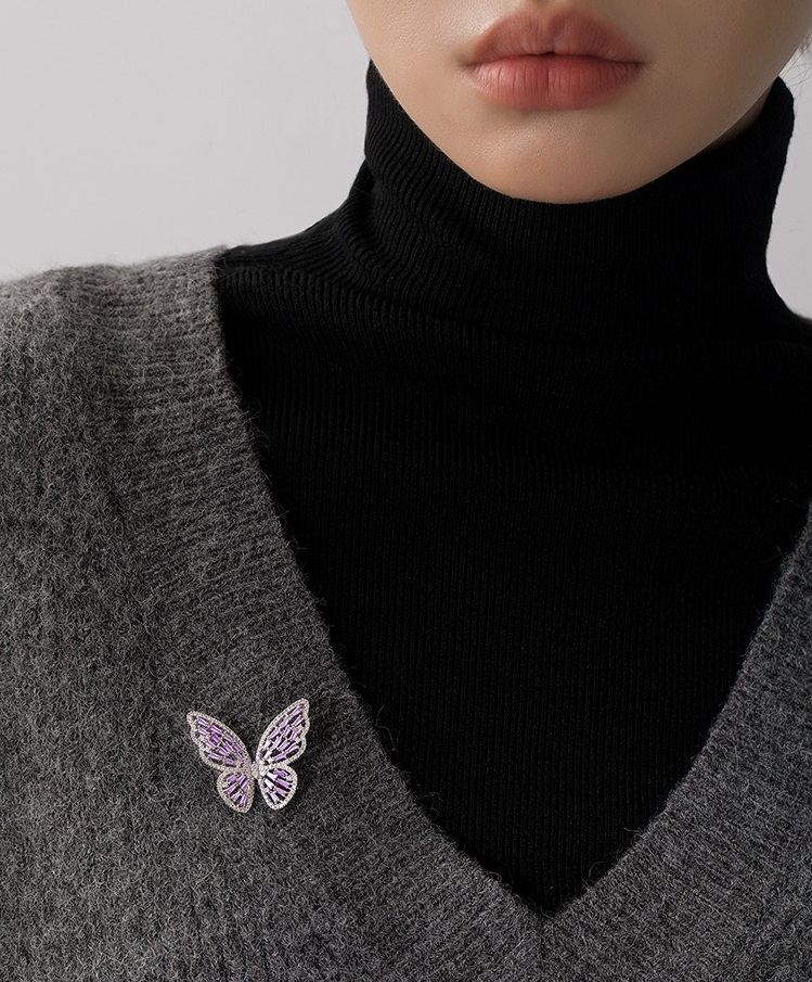 淺紫色仿水晶蝴蝶胸針女鏤空高級感設計秋冬大衣領扣毛衣別針配件