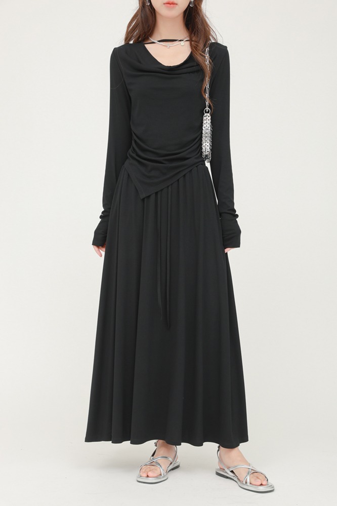 春季黑色薄款長袖T卹女中長半身裙套裝兩件套復古上衣洋裝