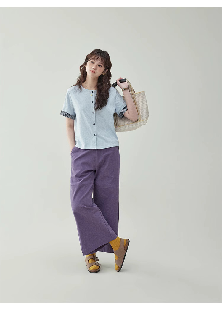 紫色鬆緊高腰寬腿休閒褲女夏季新款小眾寬鬆長褲