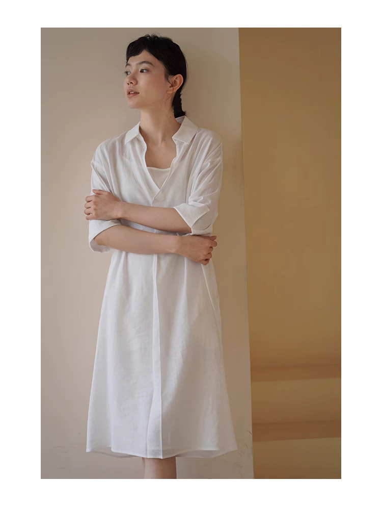 清晰竹節肌理柔光亞麻清涼寬鬆防透兩件式襯衫洋裝女