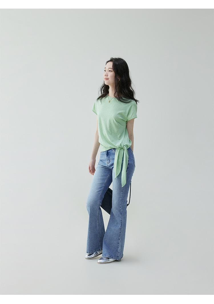 韓國純色不規則側邊繫帶T卹女25夏季圓領寬鬆上衣