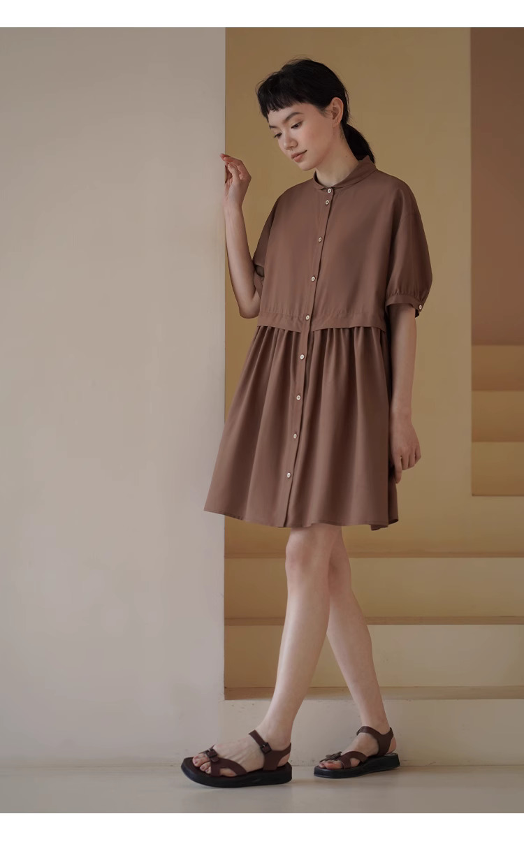 復古烤肉桂洋裝精緻小翻領寬鬆垂順顯瘦A字短裙女